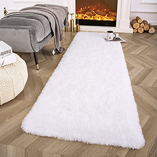 Ompaa Flauschiger Läufer, 60 x 120 cm, weiß, superweich, zotteliger Teppich, Flauschiger Langer Fellteppich für Schlafzimmer, Wohnzimmer, Wohnheim, Plüsch, Kinderspielzimmer, Baby, Mädchen,