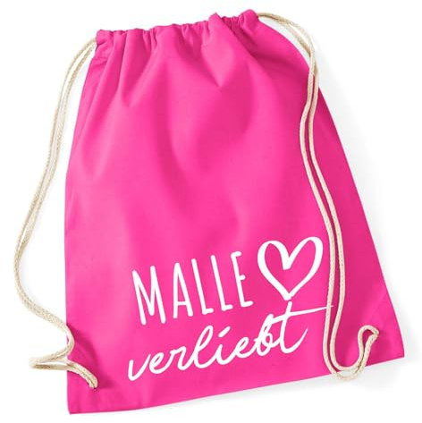 Huuraa Turnbeutel Malle verliebt Geschenk | Sportbeutel 12 Liter Fuchsia Baumwolle Pinker Rucksack Geschenkidee Unisex Beutel mit Kordelzug Baumwollbeutel