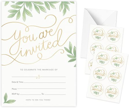 Rileys & Co Confezione da 50 inviti di nozze con buste, adesivi bonus inclusi biglietti d'invito, stampa in lamina d'oro e design a foglia, inviti per matrimonio 13 x 18 cm