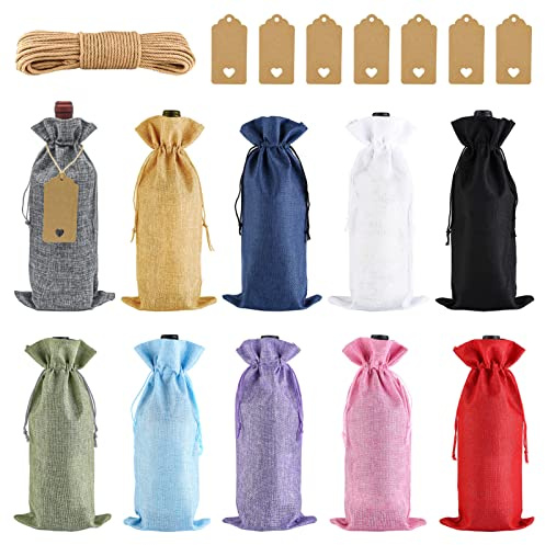 JLNGTHONG 10 Weinflaschenbeutel，Jute Weinbeutel Sackleinen Geschenkbeutel Wein Taschen Geschenktüten für Wein Wiederverwendbare Weinbeutel mit Kordelzug für Hochzeit Party Blindverkostung（15 * 35cm）