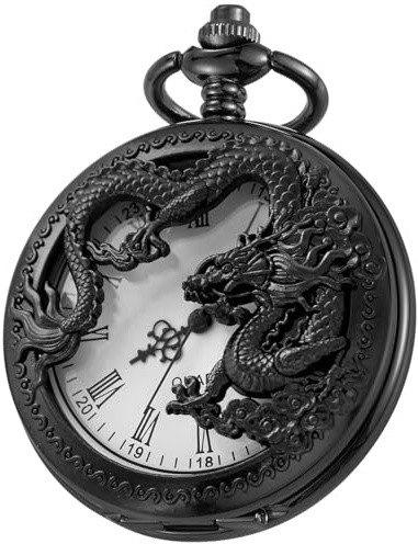 Tiong Montre de poche vintage personnalisée en quartz creux à motif poulpe/dragon pour homme avec chaîne - Cadeaux personnalisés gravés pour anniversaire, fête des pères, mariage, Noir et blanc