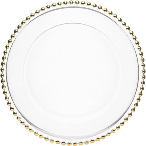 XL Teller Unterteller aus Glas 32 cm mit Goldrand (1), 6x Glasteller Untersetzer mit Perlen, Extra Groß, Platzteller Dekoteller Servierteller für Hochzeiten, Taufe, Geburtstag, Weihnachten & Party