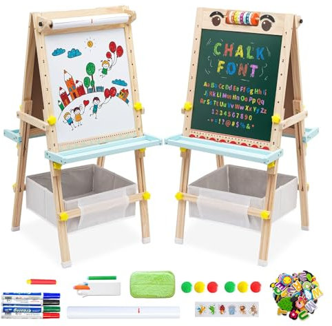 Pizarra de madera 2 en 1,Caballete Pintura niños Pizarra de Dibujo de Doble Cara,Caballete de Arte de Altura Ajustable con Números,Pergaminos y Otros Accesorios,Regalos para Niños Niñas 3+ Años