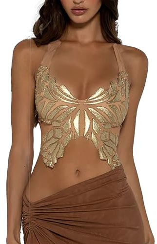 BAIMORE Canotta da donna sexy con paillettes farfalla Halter cravatta senza schienale Slim Fit Crop Tank Top, Marrone, L