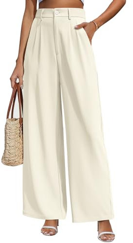 Yuson Girl Pantalon Femme Jambe Droite Palazzo Taille Haute Extensible Décontracté Travail Plissé Devant Vintage Avec Poches (Beige, XL)