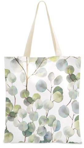 FRODOTGV Leinen-Einkaufstasche mit Eukalyptus-Aquarell-Muster, Blätter, Zweige, für Frauen, Freunde, Geburtstagsgeschenke, Canvas-Tragetasche mit Taschen, wiederverwendbare Leinen-Einkaufstasche,