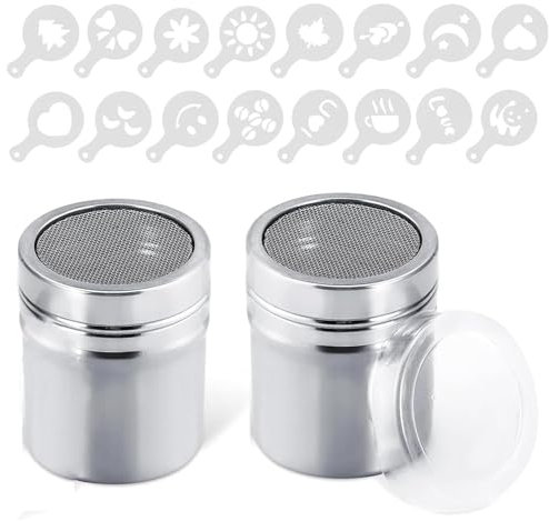2 Pack Chocolate Powder Shaker, Stainless Steel Coffee Sprinkles Powder Set with Fine-Mesh Lid, Cocoa Cinnamon Powder Flour Can with 16 Coffee Stencils for DIY Coffee,Icing Sugar Cocoa Flour-Silvery