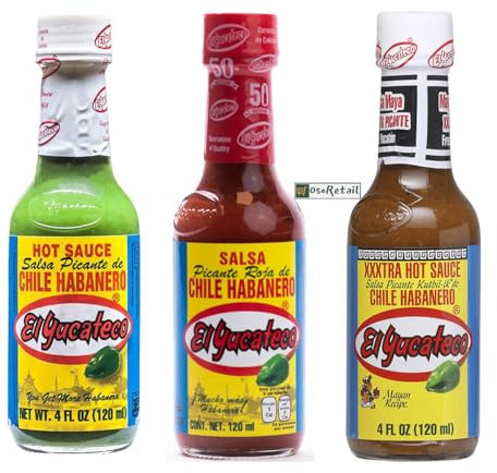 OsoRetail pack D x3 de salsas picanetes de EL Yucateco de México | Salsa Kutbil-ik XXXtra, Salsa Roja y Salsa Verde | 3x120ml | Hot Fiesta