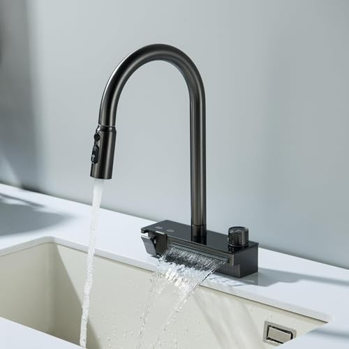 Wasserfall-Küchenarmatur mit herausziehbarem Sprüher, Küchenarmaturen, Küchenspüle Wasserhahn mit 4 Modi (Regen/Sweep/Stream/Wasserfall), Klaviertastenschalter-Sprühgerät, Messingarmatur für