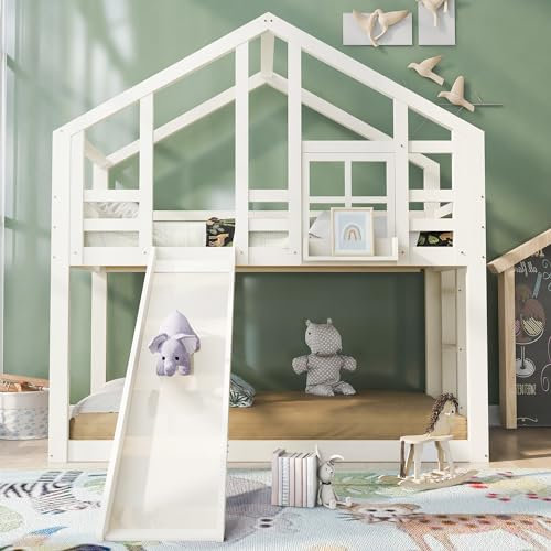 KUAKE Kinderbett Hausbett mit Rutsche&Leiter 90 x 200 cm, Hochbett für Kinder– Kinderbett mit Schlafplätze-Lattenrost (Weiß-A)