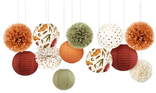 NICROLANDEE Fall Wedding Decorations, 12 PCS Orange Maple Leaf Paper Lanterns Tissue Pom Poms for Thanksgiving Day Backdrop Decoration, Fall Baby Bridal Shower, Birthday, Autumn Harvest Party Decor