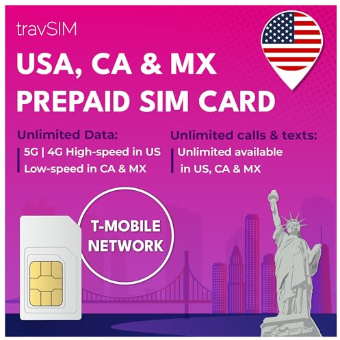 travSIM SIM Karte für USA Kanada Mexiko | T-Mobile-Netzwerk | 50 GB Daten für die USA, 5 GB für Kanada und Mexiko | Unbegrenzte Inlandsgespräche und SMS | Gültig für 30 Tage