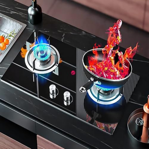 THEGA Vetro Temperato Stufa A Gas - Fornello A Gas, Fornelli A Gas da Tavolo E A Filo, Cucina A Gas da Cucina con Funzione Timer, Cucina A Due Fuochi Facile da Pulire, Due Metodi di Installazione(NG)