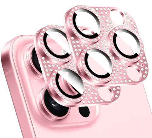 LucBuy 2 Pièces Protecteur D'objectif D'appareil Photo en Diamant Brillant pour iPhone, Métal 3D Strass Téléphone Décoré, Protection Complète Arrière Caméra Coque pour iPhone 15 Pro/iPhone 15 Pro Max