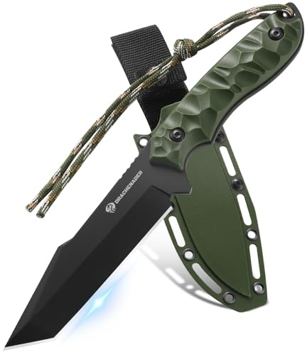 DRACHENADER Cuchillo de supervivencia para exteriores B-ER-TANTO POINT, longitud de la hoja 13 cm, acero 5Cr14MoV, cuchillo de correa fija, con funda Kydex, hoja negra + mango ABS verde