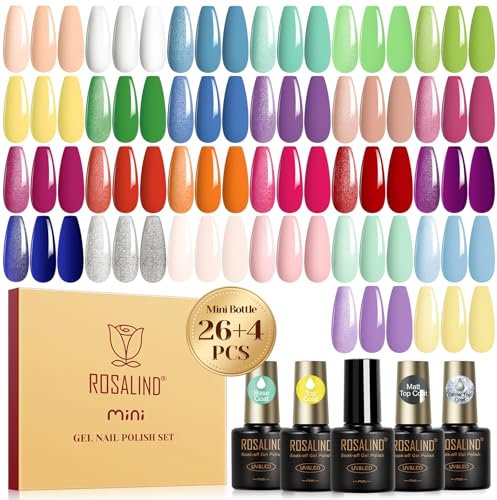 ROSALIND Vernis Semi Permanent, 30PCS Nude Blanc Bleu Vert Jaune Violet Couleurs Vernis Gel Semi Permanent, Mini UV/LED Semi-permanent Manucure Kit