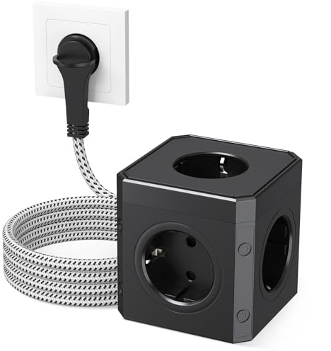 HITRENDS Steckdosenwürfel mit Flachstecker, 5 in 1 Mehrfachsteckdose(230V/16A), 5 Fach Steckdosenleiste, Mehrfachstecke Steckdosenverteiler mit 3M Geflochtenem Kabel für Büro, Zuhause, Schwarz