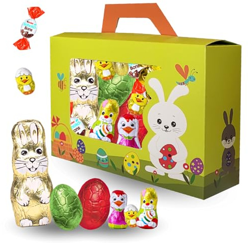 Coffret Chocolats de Pâques | Ballotin Garni de 50 Chocolats Assortis : Kinder Schokobons, Lapin, Œufs et Figurines en Chocolat | Cadeau Gourmand Idéal pour Enfants, Chasse aux Œufs
