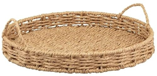 Round Rope Tray with Built-in Handles Decorative Scalloped Basket Tray for Coffee Table, Natural Water Hyacinth Wicker Baskets