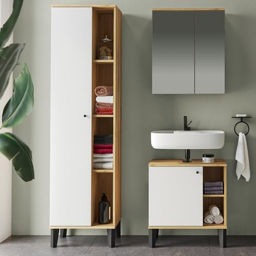 Lomadox Badmöbel-Set 3-teilig mit Waschbeckenunterschrank 60 cm, Spiegelschrank, Hochschrank, in Eiche und weiß, modern
