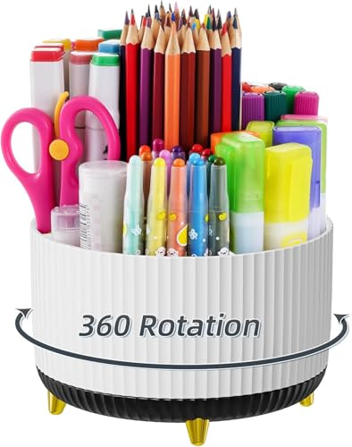 Marbrasse Desk Organiser,360-Degree Rotating Pen Holder,Desk Organisers and Accessories with 5 Compartments Pencil Organiser Storage Box Caddy for Office,Home (Mix Black and White)