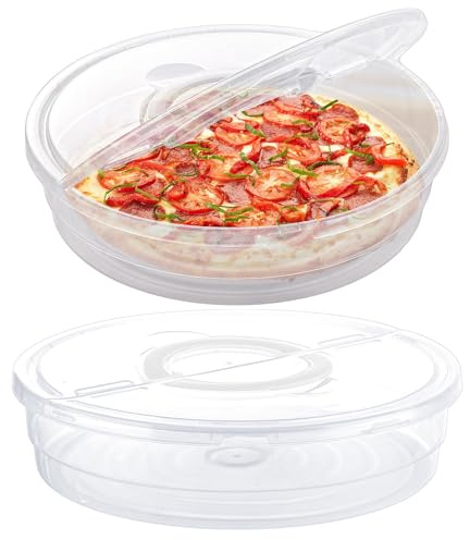 LDXDRU 2 Pack 12 Inch Plastic Cake Pizza Storage Box with Lid, 8.5cm Height | Clear Food Storage Container with Handle & Divider, Portable Cupcake Dessert Carrier Round Pie Pizza Carrier for Food Cake