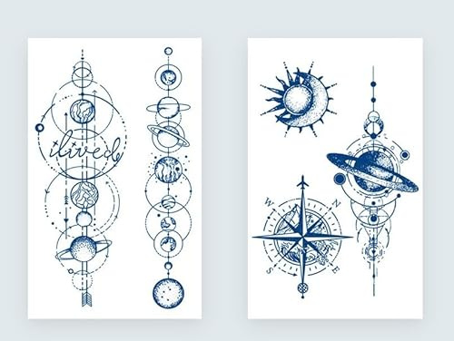 2 Blätter Temporäres Kompass Tattoo Planet Tattoo Sonne und Mond Semi-Permanentes Tattoo GZ395 396