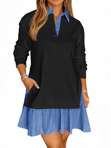 Wenrine Womens Oversized Sweatshirt Dress Casual Long Sleeve Collared V Neck Patchwork Loose Mini Dresses Black