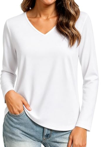 Wayleb T-Shirt Donna Manica Lunga Scollo a V Elegante Top Leggero Maglietta per Ufficio e Tempo Libero, Bianco 3XL