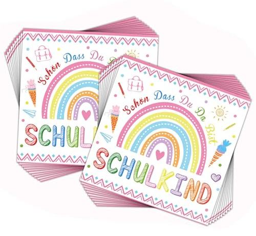 20 Stück Einschulung Mädchen,Servietten Schulanfang,Deko Schulkind Junge Regenbogen Tischdeko,Und School Party Einschulungsdeko,Schulabschluss 33 X 33 cm,Deko Einschulung Mädchen 2025