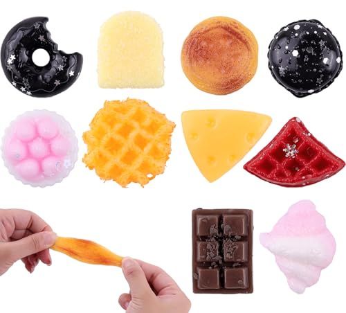 Anboor Mini-Squishy-Spielzeug mit Essen, 10 Stück weiche Kawaii-Squishy-Spielzeuge für Rucksäcke, Mini-Brot-Hamburger-Dessert, sensorisches Zappelspielzeug für Kinder, als Geschenktütenfüller