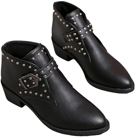 Botines Sin Cordones Botas Chelsea Cortas con Tacón Ancho for Mujer Botines De Punta Puntiaguda con Hebilla Y Tachuelas Boots Moteros De Cuero De PU Zapatos De Tobillo Casuales(Black,36 EU)