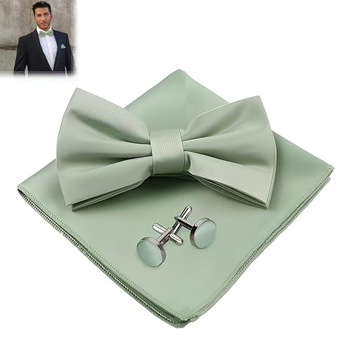Hotcho Fliege Herren Set Grün mit Einstecktuch und Manschettenknöpfe, Elegante Krawatten für Männer, Grüne Fliege Herren für Anzug & Hochzeit, Männerkrawatte Accessoires mit Einstecktuch Grün