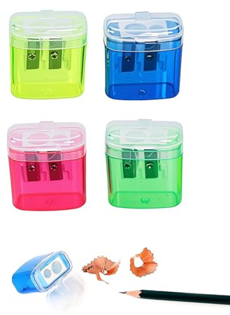 Anspitzer mit Behälter 4 Stück, Spitzer mit Dose, doppellochdesign Deckel Kinder, Handheld Anspitzer, Bleistiftspitzer, Pencil Sharpener, Dosenspitzer für Schule Büro