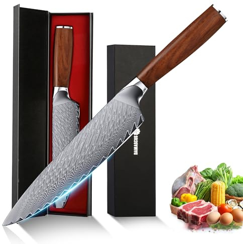 hoforife Couteau de Chef, Couteau Japonais Damassé 67 Couches avec Âme en Acier VG10 Haute Teneur en Carbone, Manche Ergonomique en Bois, dans son Écrin Cadeau (20 cm, Bois naturel)