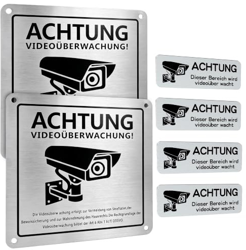 6 Stück Aluminium Schild Videoüberwachung | Wetterbeständige Überwachungsschilder für sichtbare Sicherheitshinweise im Außenbereich