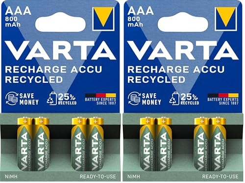 VARTA Batterien AAA, wiederaufladbar, 4 Stück, Recharge Accu Recycled, Akku, 800 mAh NI-MH, aus 21% recyceltem Material, vorgeladen, sofort einsatzbereit (Packung mit 2)