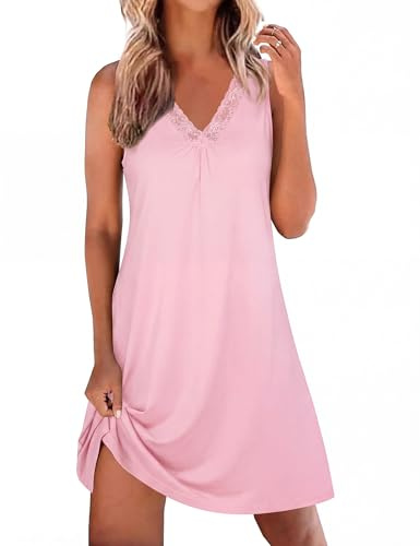 Litherday Nattklänning Dam Sommar Ärmlöst Sexigt Sovkläder med Sovshirt Spets V-ringning Sexig Nattklädsel Negligé Bekvämt, ROSA, XXL
