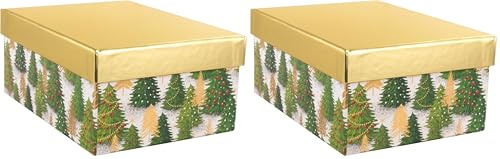 Idena 31494 - Geschenkbox mit Deckel in der Größe 20 x 15 cm, Geschenkschachtel für Weihnachten mit Tannenbäumen in Grün und Gold (Packung mit 2)