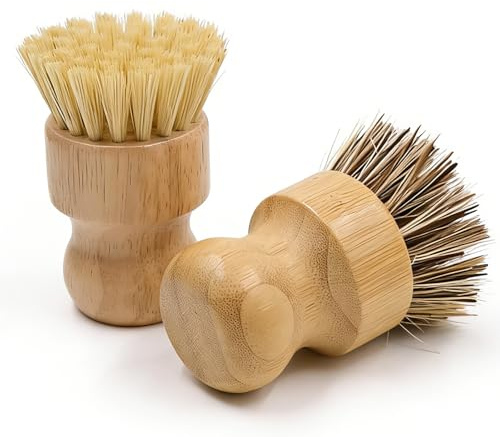 Mritrit 2 diskborstar av trä, diskborste rund med handtag, porslinsborste, grönsaksborste, svampborste, potatisborste med naturborst för kök 8 x 4 cm