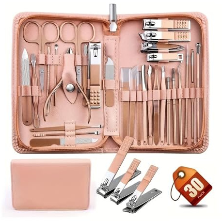 Nagelklippare, Rosa 30 st manikyrset Professionellt nagelklippningsset rostfritt stål solid manikyrsats Nagelvårdssats med rosa fodral Valentine för fötter, nagelklippare och tånagelklippare(Pink)