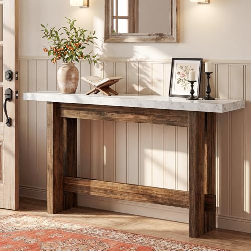 Tribesigns 160cm Legno Tavolo Consolle, Tavolo da ingresso Stile Fattoria con Piano Finto Marmo, Tavolo lungo e Stretto Dietro il Divano per Entryway, Corridoio, Soggiorno, Ingresso