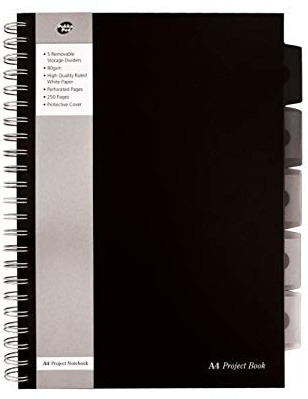 Pukka Pad - Cuaderno de espiral doble de tapa dura (A4, 250 hojas microperforadas, 80 g/m², raya de 8 mm, incluye separadores), diseño de rayas, color negro