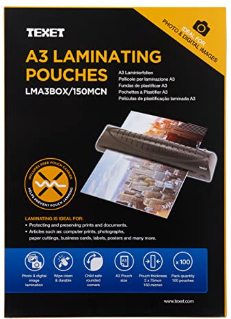 Texet 78229 Blatt Laminiergeschwindigkeit A3 75 Mikron Boîte De 100 transparent