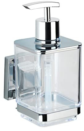 WENKO Seifenspender Mod. Quadro Wandhalterung ohne Bohren für Bad und Küche rostfreier Edelstahl und transparenter Kunststoff 7,5 x 16 x 10 cm