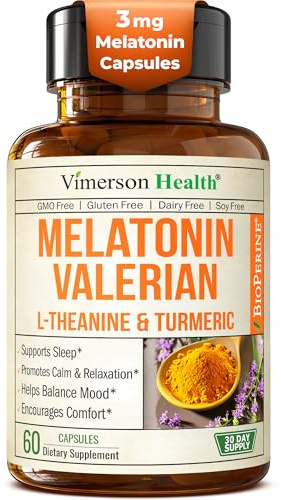 Valerian Root for Sleep – Melatonin 3mg Sleep Aid with L-Theanine – Organic Turmeric Curcumin Supplement with Ginger & Black Pepper for Daily Calm and Stress Relief Support – 60 Capsules