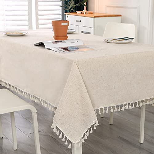 SUCHDECO Beige Lienen Tischdecke Rechteckig Tischtuch Abwaschbar Küchentischdecke für Geburtstag Party Hochzeit mit Quaste Tischwäsche für Home Deko, 140x220 cm