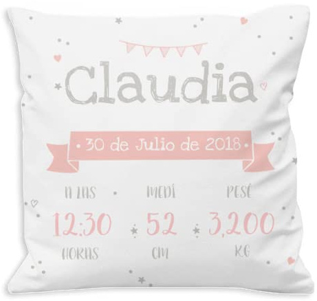 NANNUK - Cojín Nacimiento Personalizado Banderín Rosa para recién Nacidos, se Personaliza con Nombre, Hora, Fecha, Peso y Medida del bebé. 45 x 45 cm