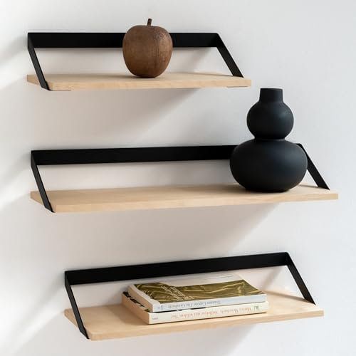 Kazai. Mensole -Finn- | Set di Mensole Sospese in 3 Parti in Metallo e Impiallacciatura in Vero Legno | Decorazione da Parete, Contenitore e Mensola per Soggiorno, Cucina, Camera da Letto | Betulla