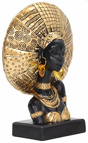 Lescafita African Woman Statue with Gold Sunburst Headdress – Resin Figurine with Tribal Jewelry, Afrocentric Home Decor Accent, Cultural Sculpture Gift for Women